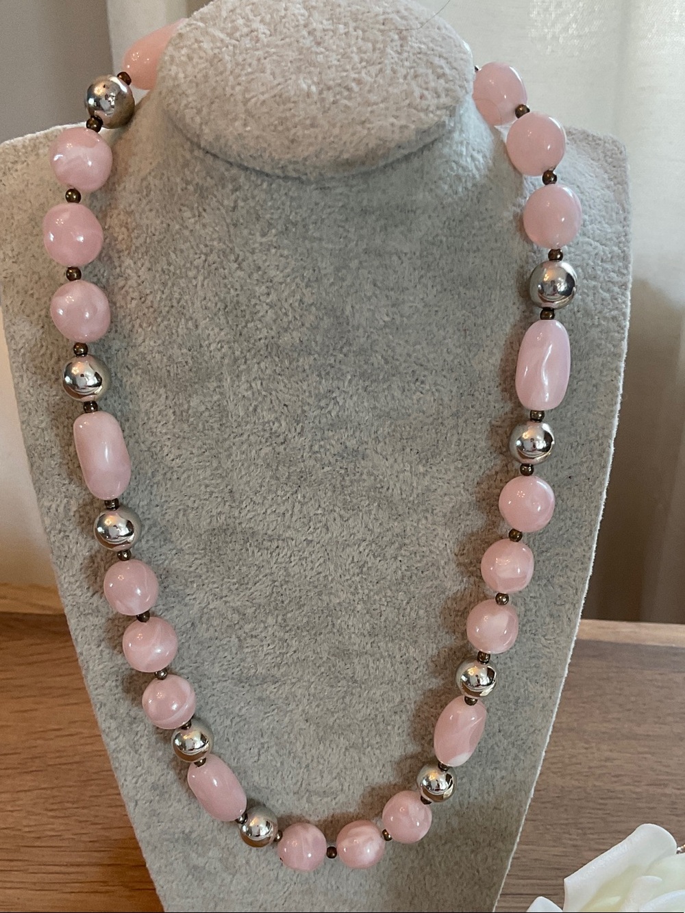 Cotton Candy Pink Lucite Beaded Necklace with Silver Accents